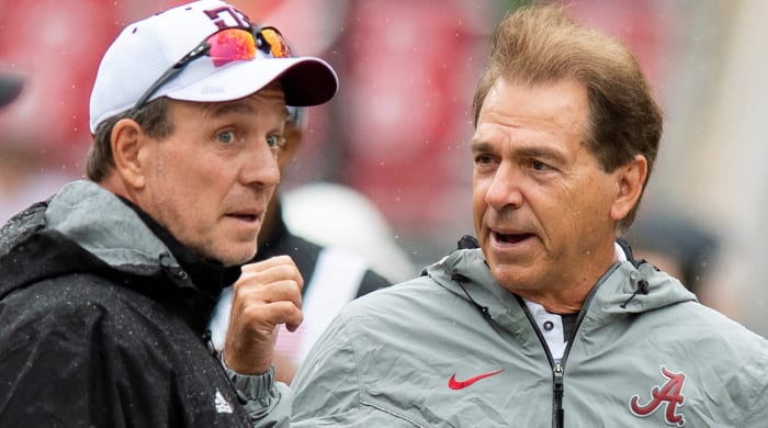 Texas A&M coach Jimbo Fisher (left) and Alabama coach Nick Saban (right) before the Alabama vs. Texas A&M game in Tuscaloosa, Ala.